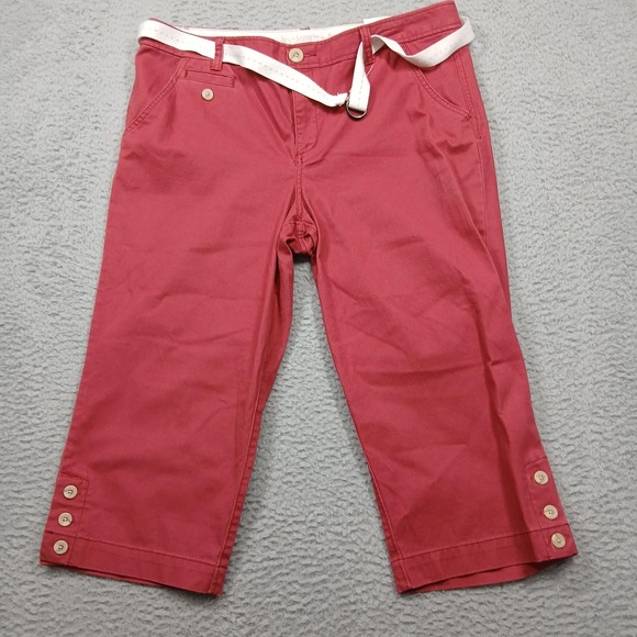 Dockers Capri Pants Womens 14 Red Stretch Cotton Chino Button Belted Casual NWT - Picture 1 of 8